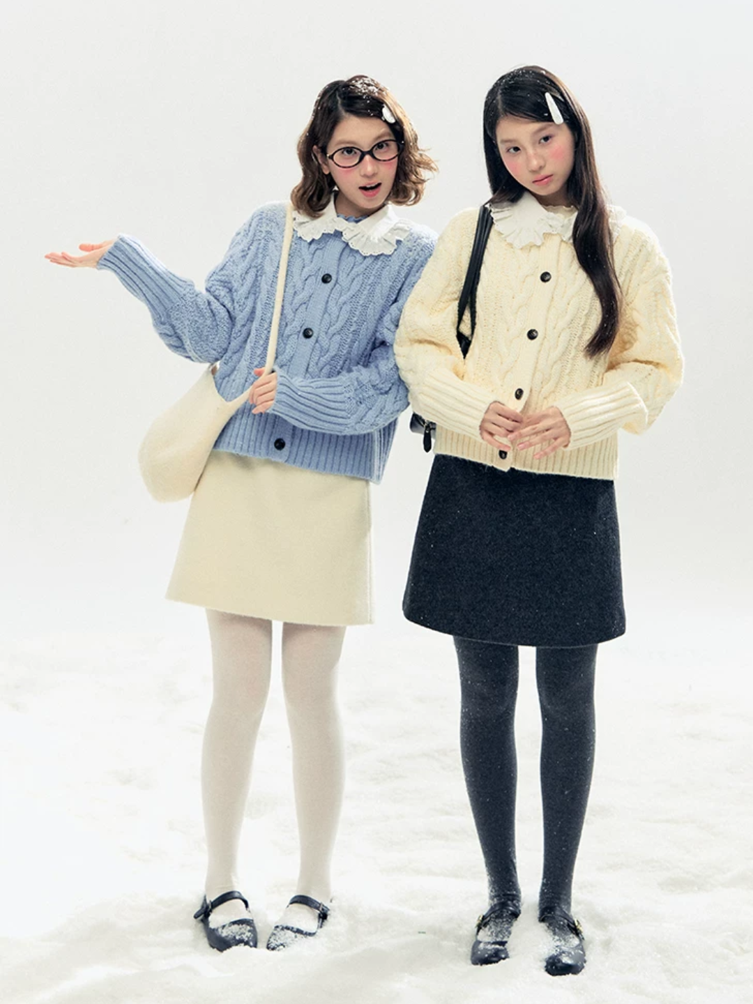 Horridale - "Cotton Mousse" Cable Knit Cardigan with Detachable Ruffle Collar (Cotton Blue/ Soft White)