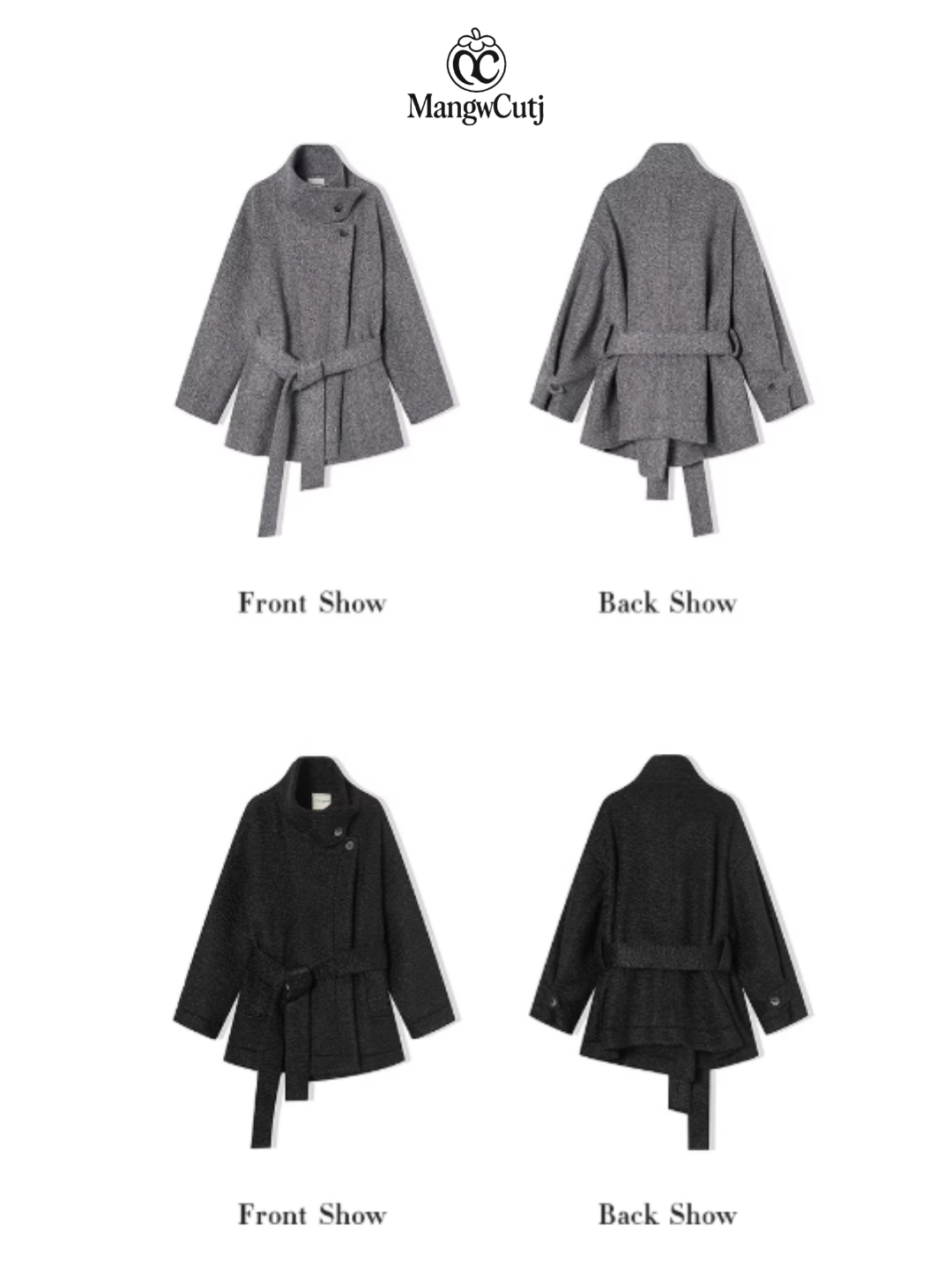 EPTISON - Minimalist Belted Wool Overcoat with Stand Collar – Grey & Black
