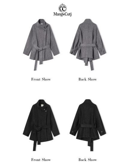 EPTISON - Minimalist Belted Wool Overcoat with Stand Collar – Grey & Black