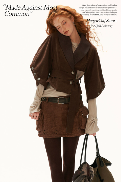 MAMC - Brown Faux Suede Cropped Jacket with Leather-Look Lapels and Belt
