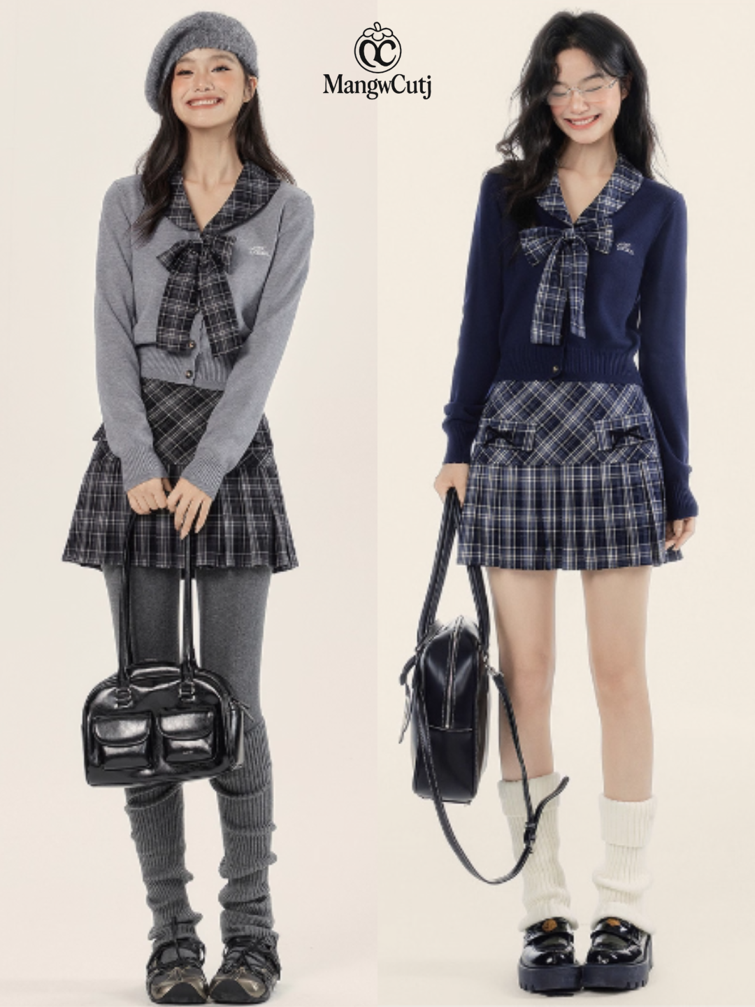 EPTISON - Academia-Inspired Two-Piece Set with Removable Plaid Collar and Skirt