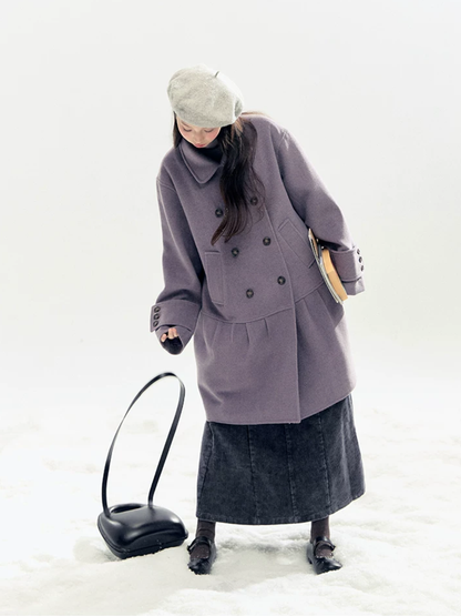 Horridale - "Winter Chime" Double-Breasted Quilted Wool-Blend Coat (Smoky Purple/ Ash Gray)