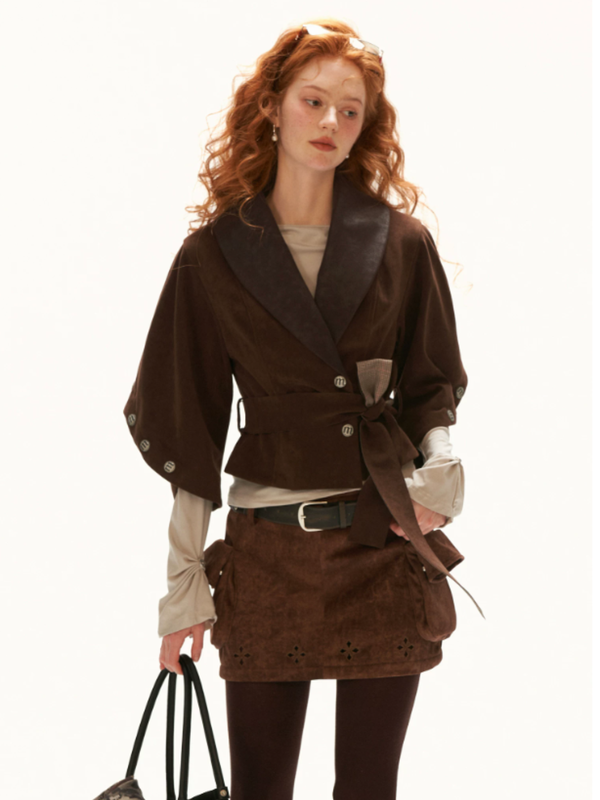 MAMC - Brown Faux Suede Cropped Jacket with Leather-Look Lapels and Belt