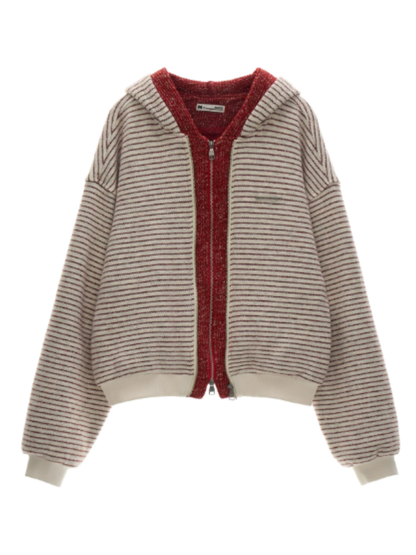 MAMC - Ivory Faux-Layered Striped Hooded Knit Sweatshirt