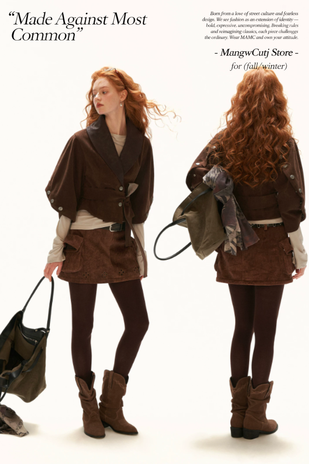 MAMC - Brown Faux Suede Cropped Jacket with Leather-Look Lapels and Belt