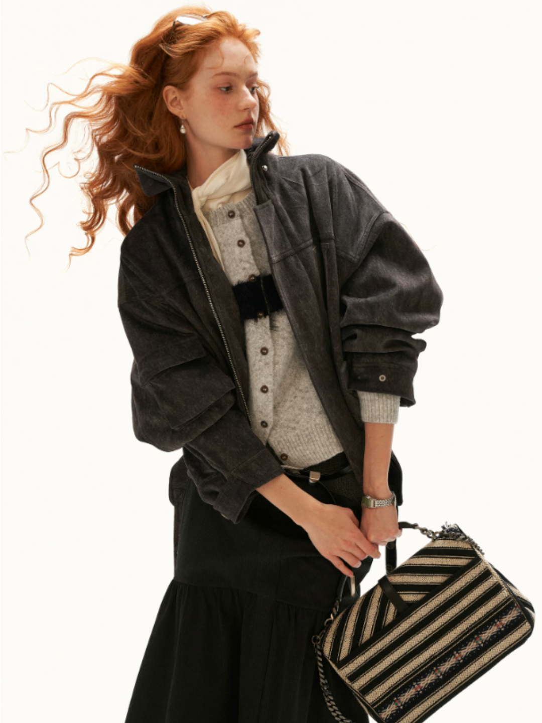 MAMC - Gray Fluffy Black Cat Jacquard Cropped Knit Cardigan