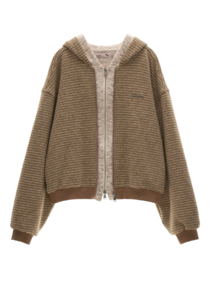 MAMC - Brown Faux-Layered Striped Hooded Knit Sweatshirt