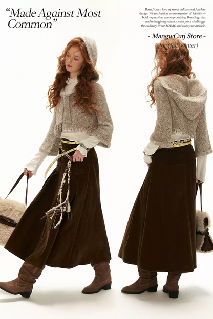 MAMC - Khaki Textured Hooded Knit Sweater with Flare Sleeves