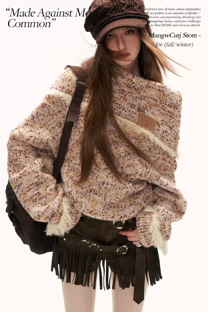 MAMC - Beige Slouchy Textured Off-Shoulder Turtleneck Sweater