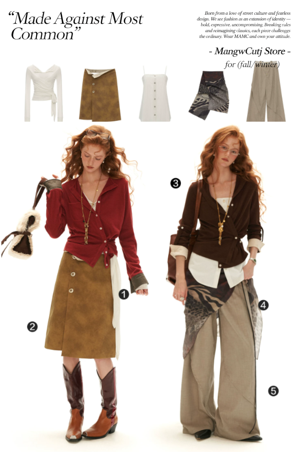MAMC - Textured Wrap-Front Henley Waist-Defined Cardigan Top (Red / Brown)