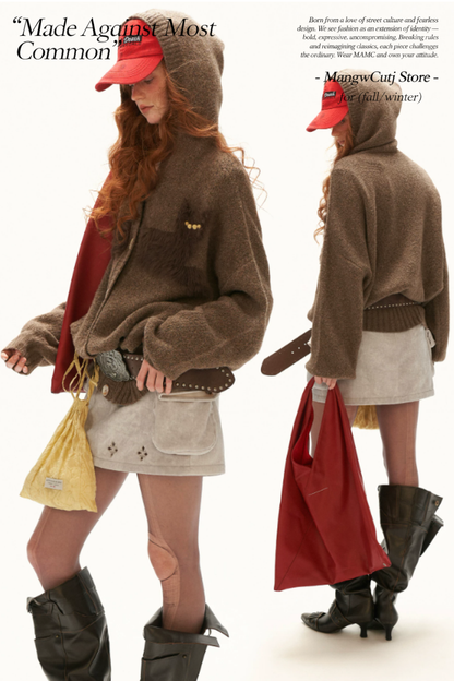 MAMC - Vintage Brown Cat Silhouette Hooded Knit Cardigan