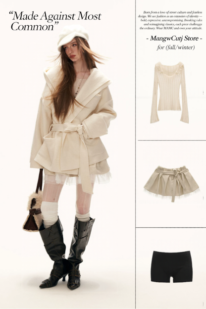 MAMC - White Double-Hood Wool Blend Tie Coat