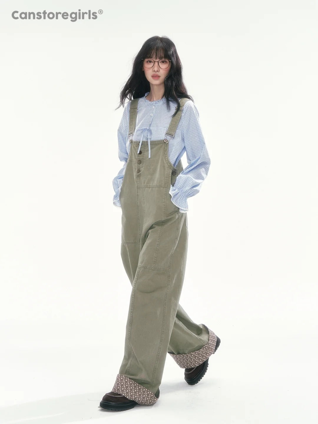 [CAN] Blue Plaid Lace-Trim Bow Tie Blouse