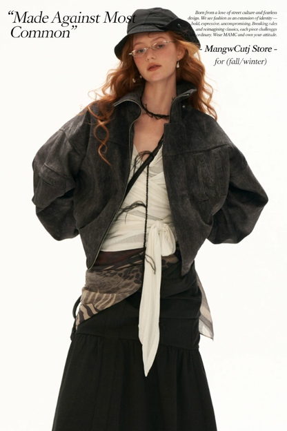 MAMC - Gray Faux-Horsehair Textured Cropped Jacket with Metal Snap Collar