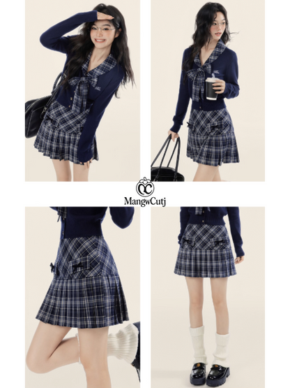 EPTISON - Academia-Inspired Two-Piece Set with Removable Plaid Collar and Skirt