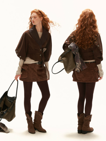 MAMC - Brown Faux Suede Cropped Jacket with Leather-Look Lapels and Belt