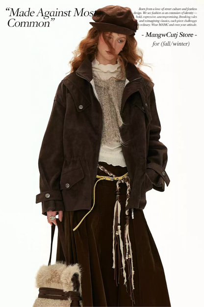 MAMC - Khaki Textured Hooded Knit Sweater with Flare Sleeves