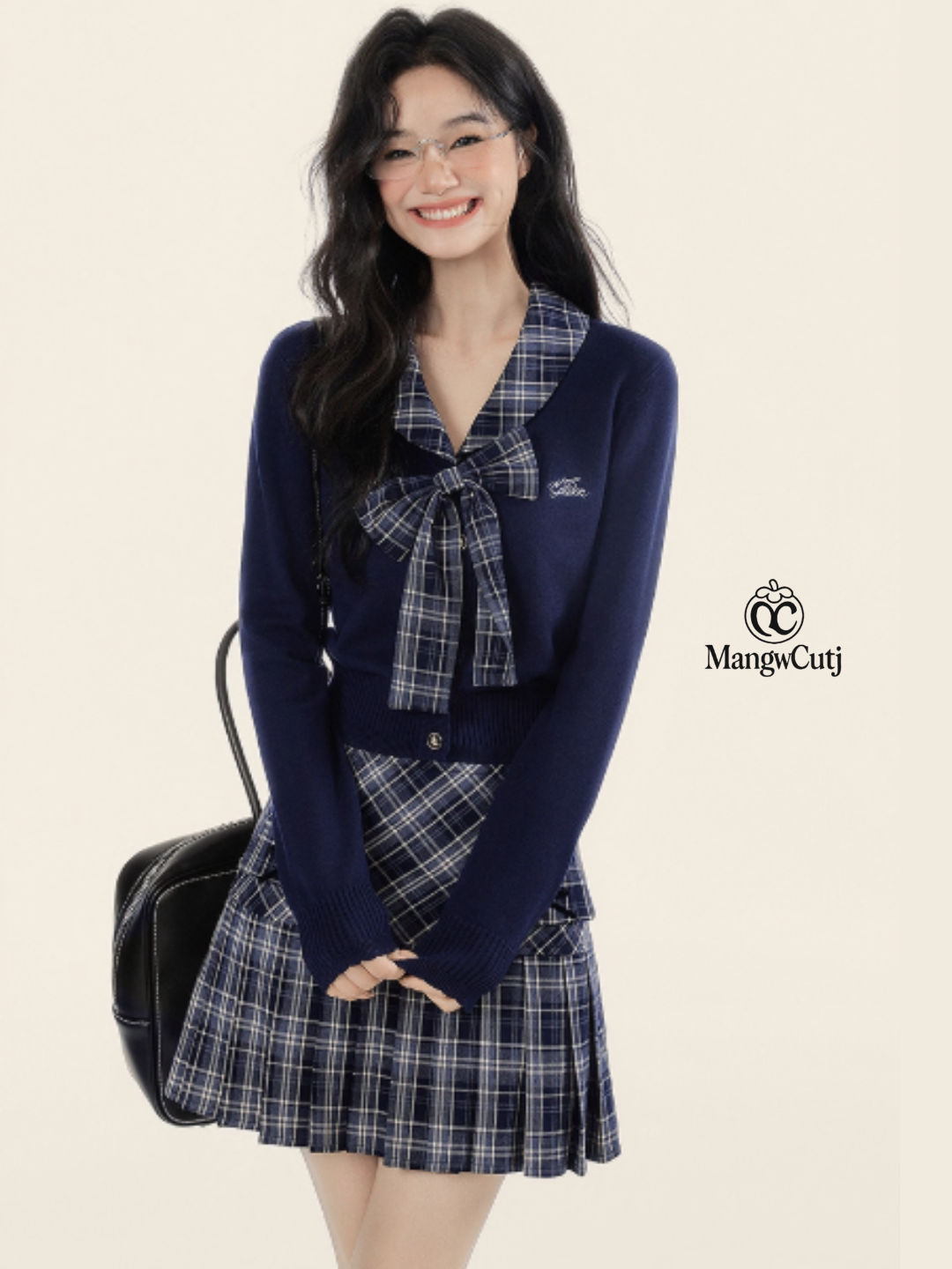 EPTISON - Academia-Inspired Two-Piece Set with Removable Plaid Collar and Skirt