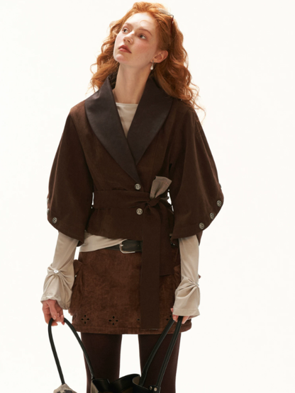 MAMC - Brown Faux Suede Cropped Jacket with Leather-Look Lapels and Belt