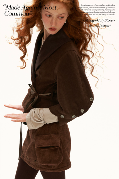 MAMC - Brown Faux Suede Cropped Jacket with Leather-Look Lapels and Belt