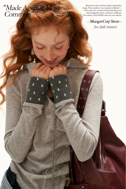 MAMC - Gray Star-Print Layered Polo Collar Long Sleeve Top