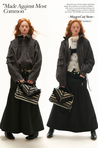 MAMC - Gray Faux-Horsehair Textured Cropped Jacket with Metal Snap Collar