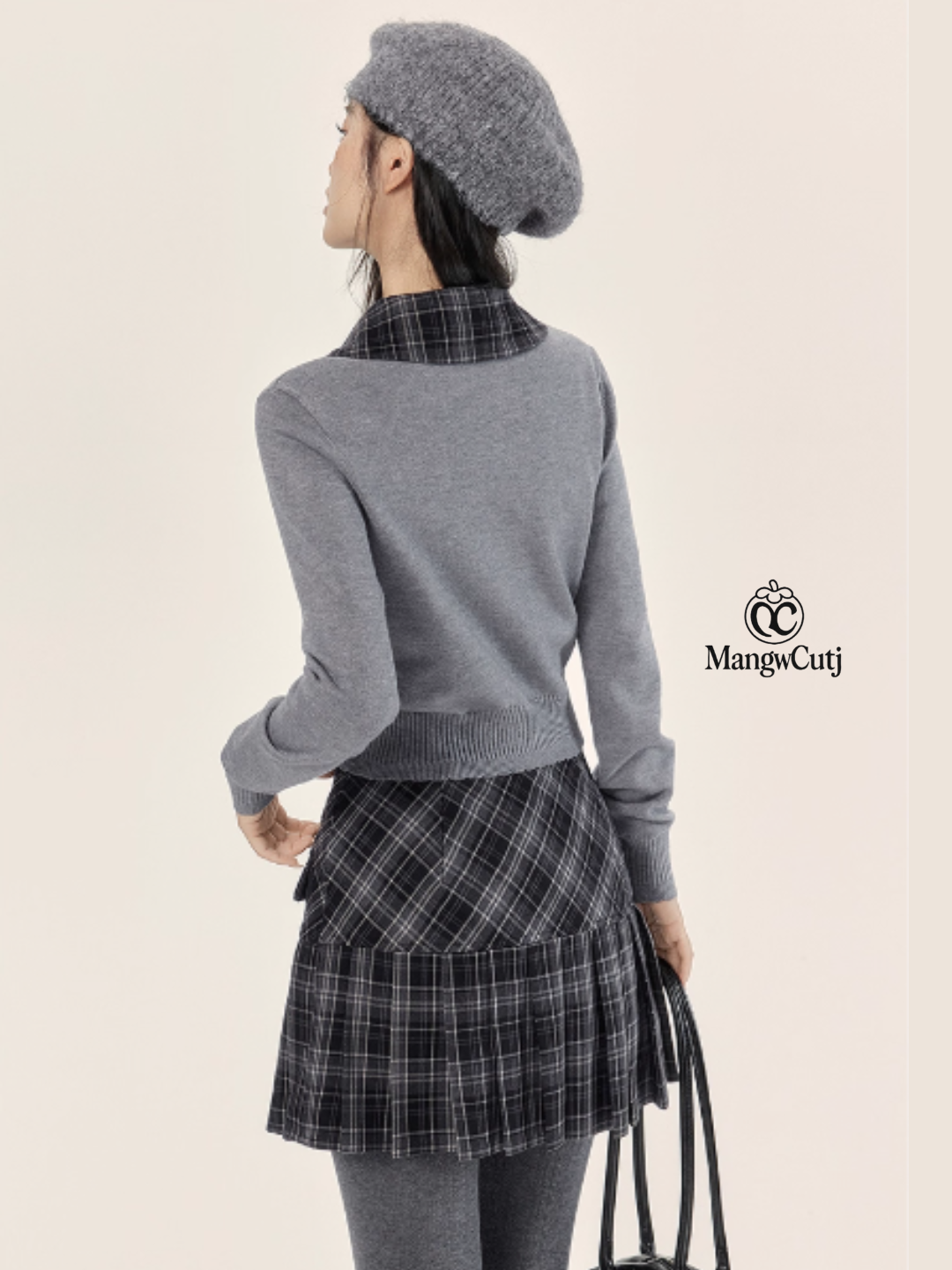 EPTISON - Academia-Inspired Two-Piece Set with Removable Plaid Collar and Skirt