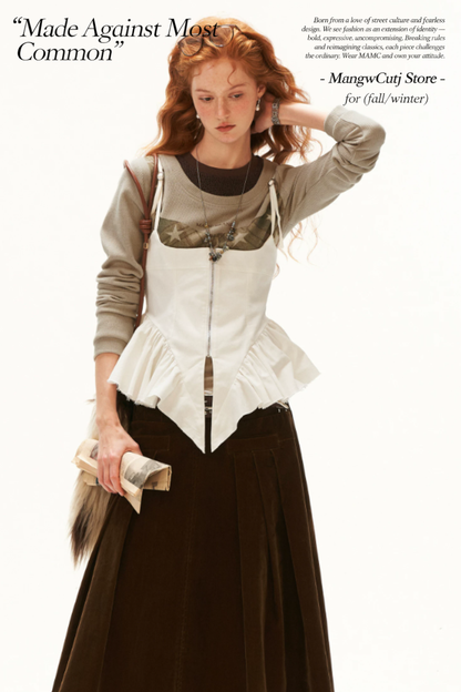 MAMC - Star Plaid Faux-Layer Fitted Knit Top – Light Khaki