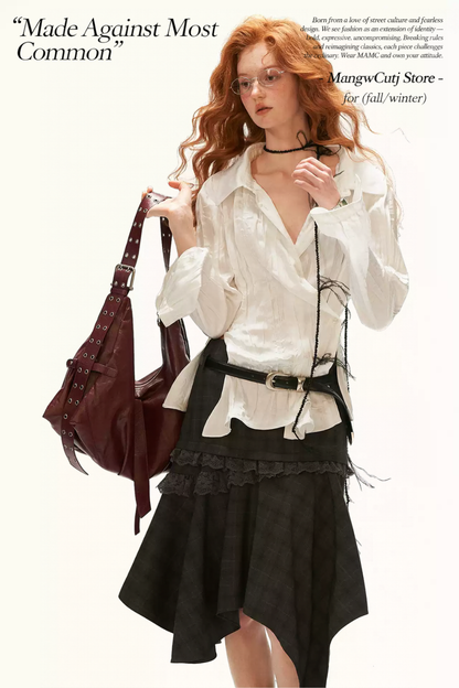 MAMC - White Textured Pleated Irregular-Collar Long Sleeve Shirt