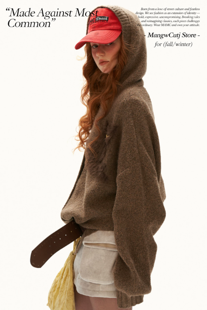 MAMC - Vintage Brown Cat Silhouette Hooded Knit Cardigan