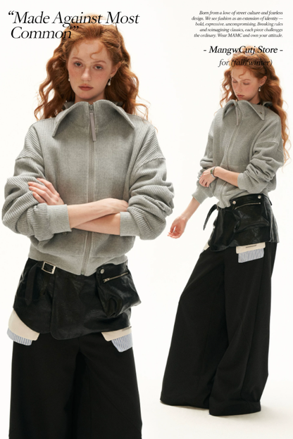 MAMC - Gray Textured Knit Cropped Jacket with Adjustable Snap Collar