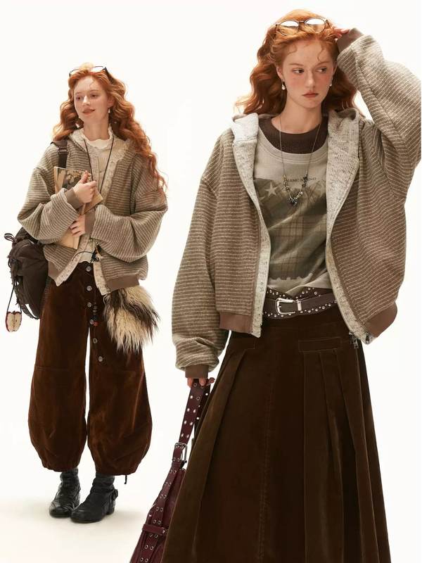 MAMC - Brown Faux-Layered Striped Hooded Knit Sweatshirt
