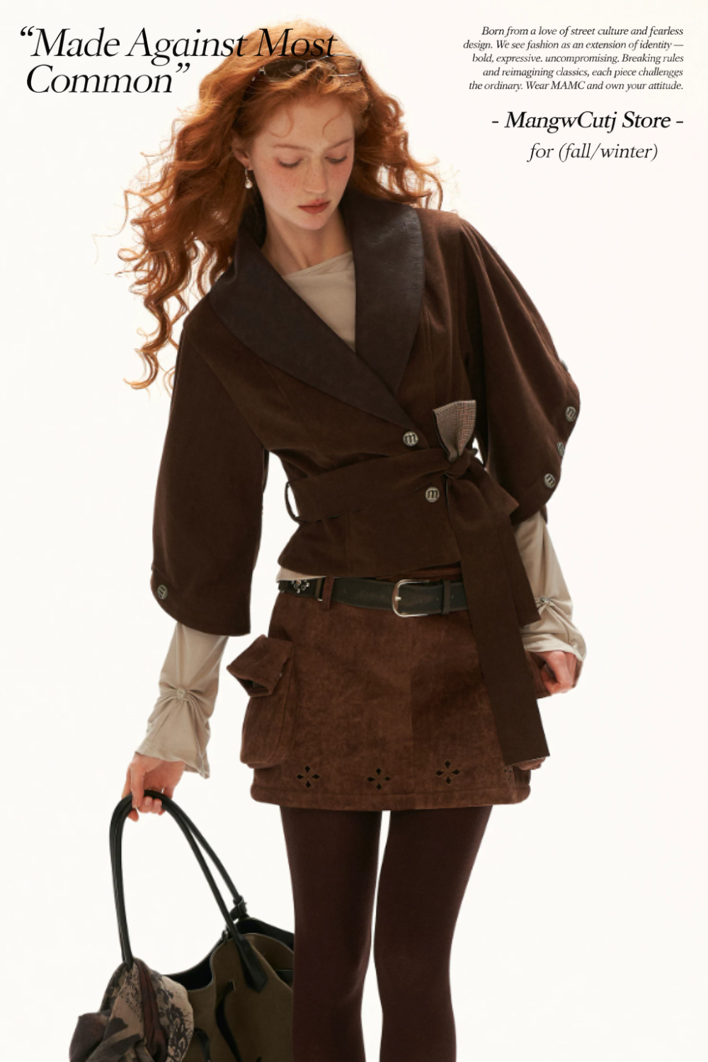 MAMC - Brown Faux Suede Cropped Jacket with Leather-Look Lapels and Belt
