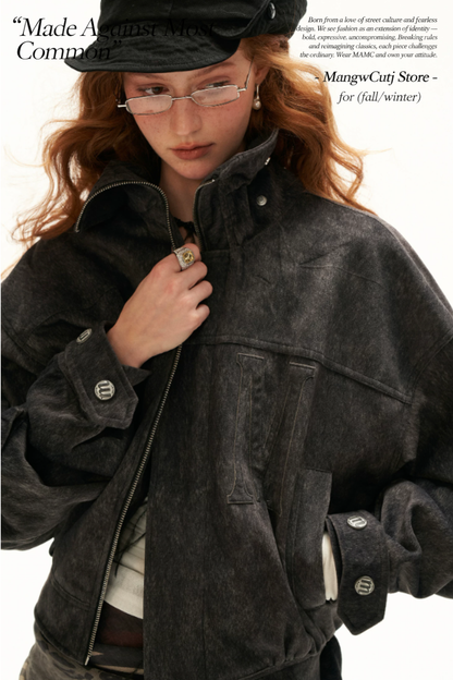 MAMC - Gray Faux-Horsehair Textured Cropped Jacket with Metal Snap Collar
