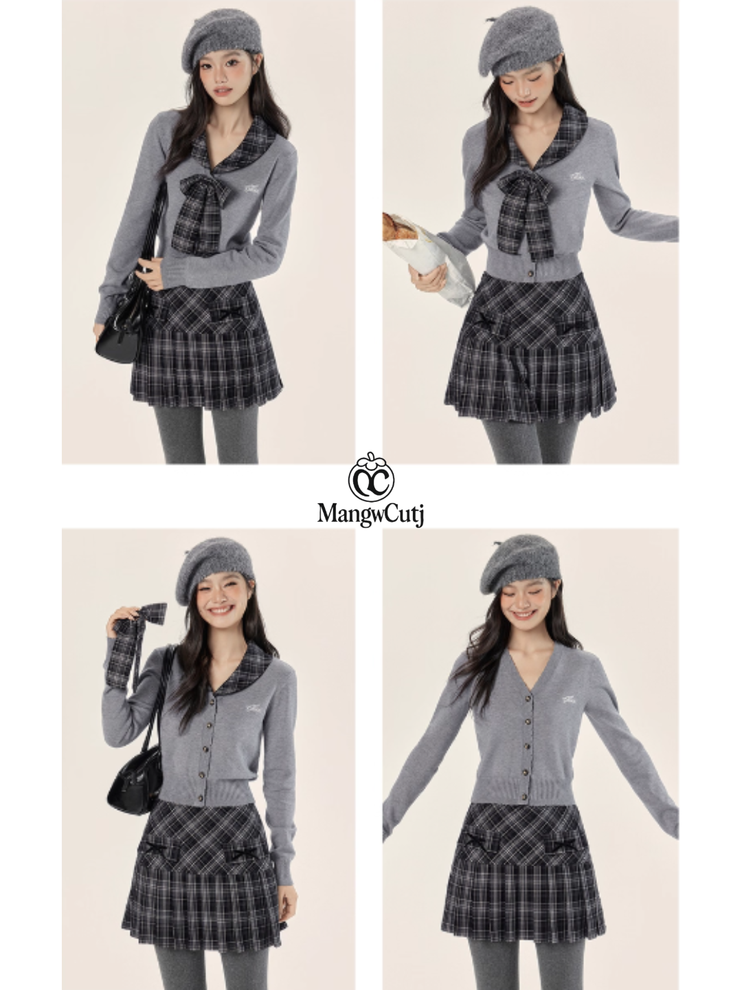 EPTISON - Academia-Inspired Two-Piece Set with Removable Plaid Collar and Skirt