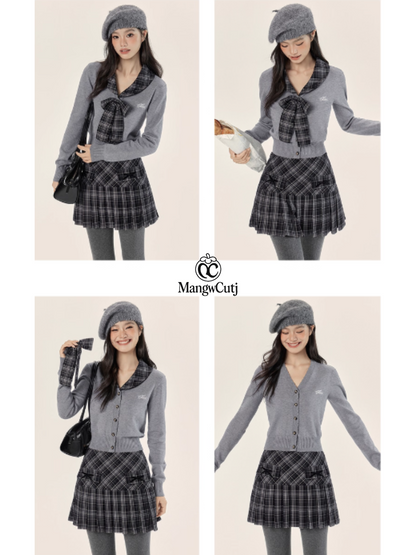 EPTISON - Academia-Inspired Two-Piece Set with Removable Plaid Collar and Skirt