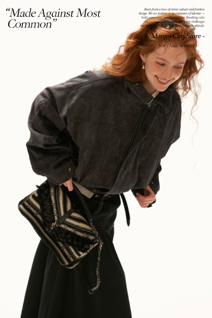 MAMC - Gray Faux-Horsehair Textured Cropped Jacket with Metal Snap Collar