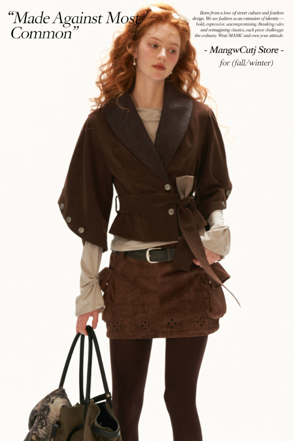 MAMC - Brown Faux Suede Cropped Jacket with Leather-Look Lapels and Belt