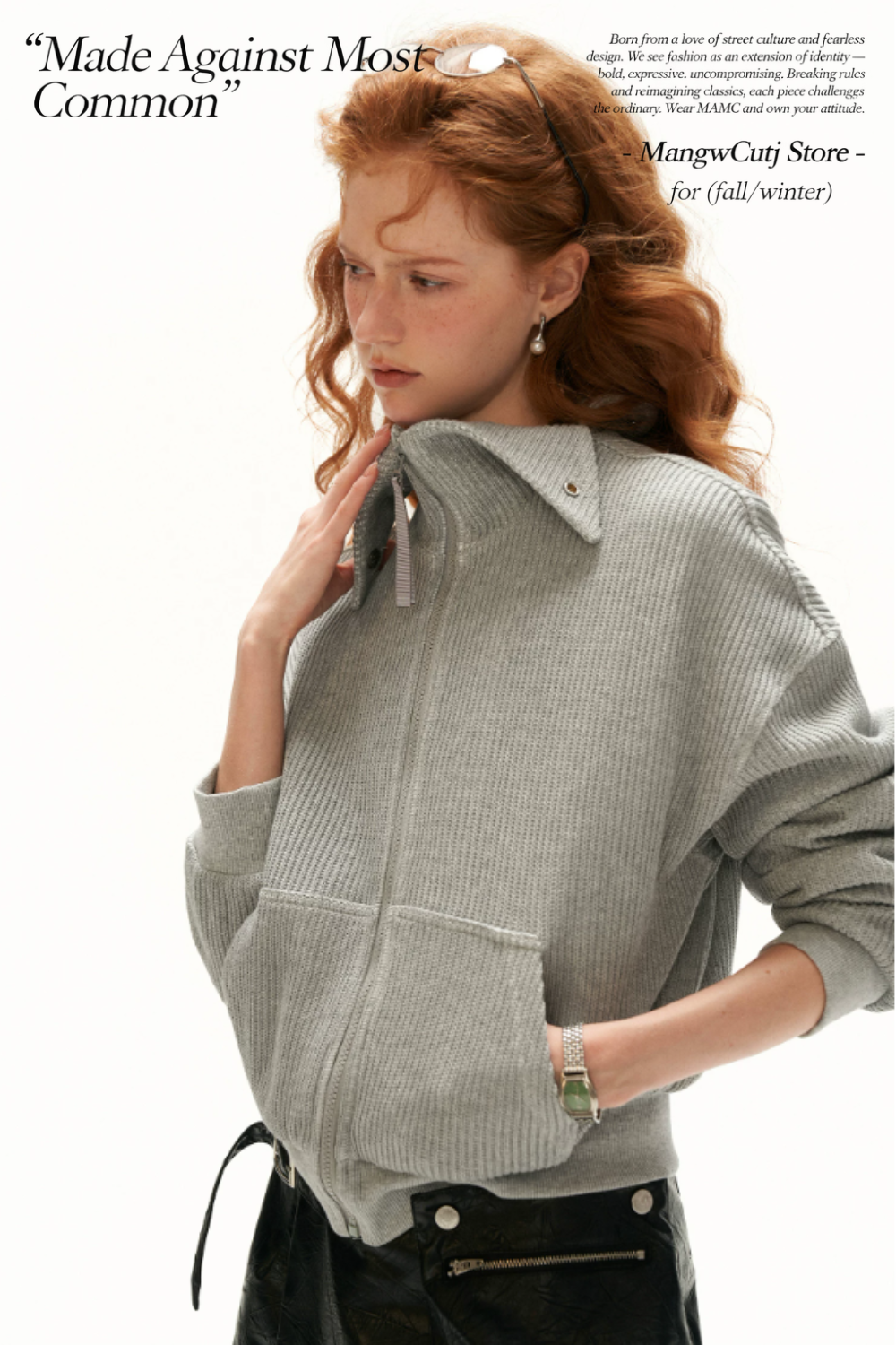MAMC - Gray Textured Knit Cropped Jacket with Adjustable Snap Collar