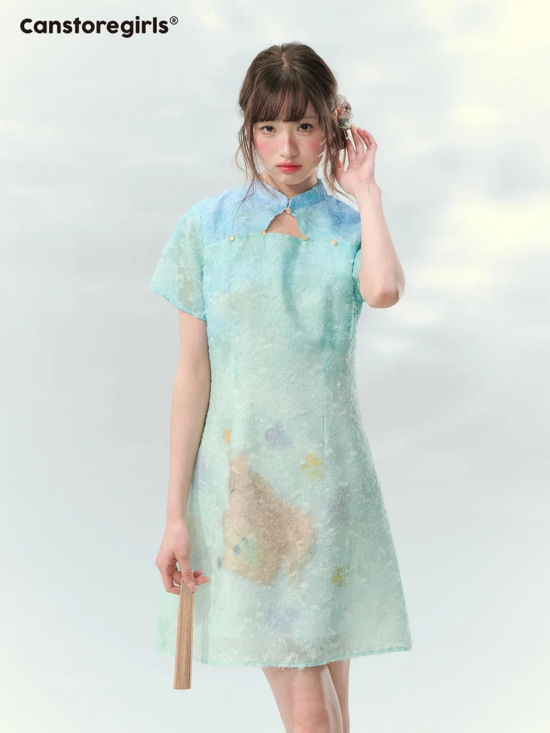 “Velvet Deer Whisper” Teal Deer Print Cheongsam Dress LL2026174