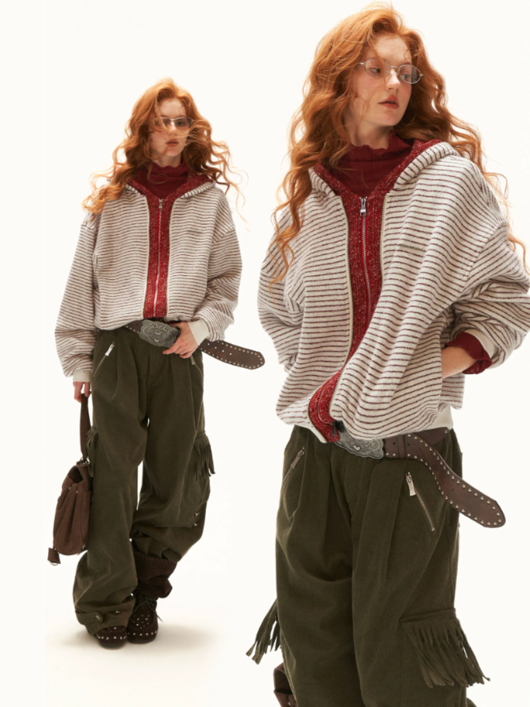 MAMC - Ivory Faux-Layered Striped Hooded Knit Sweatshirt