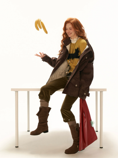 MAMC - Yellow Fluffy Black Cat Jacquard Cropped Knit Cardigan