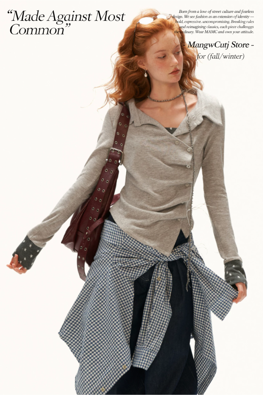 MAMC - Gray Star-Print Layered Polo Collar Long Sleeve Top