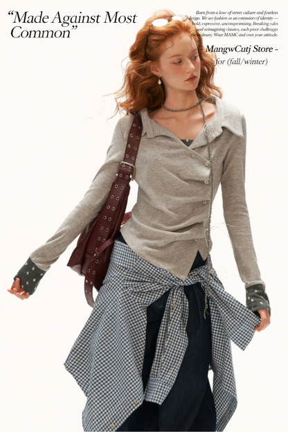 MAMC - Gray Star-Print Layered Polo Collar Long Sleeve Top