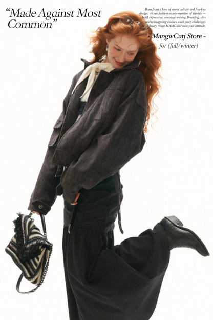 MAMC - Gray Faux-Horsehair Textured Cropped Jacket with Metal Snap Collar