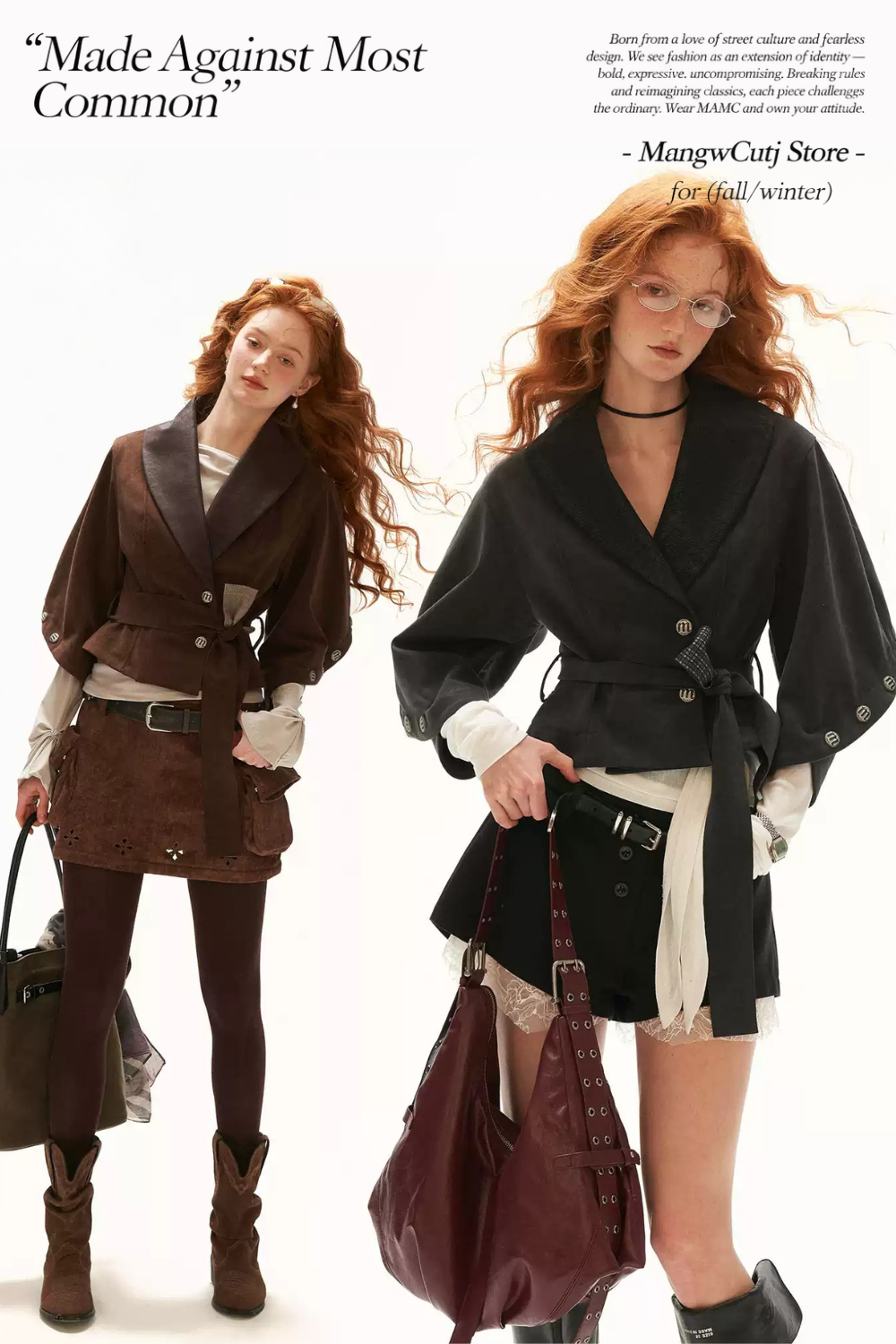 MAMC - Brown Faux Suede Cropped Jacket with Leather-Look Lapels and Belt