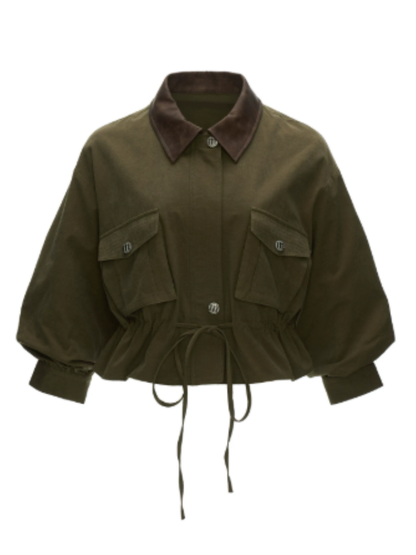 MAMC - Military Green Textured Snowflake-Fleece Utility Jacket with Faux Leather Collar