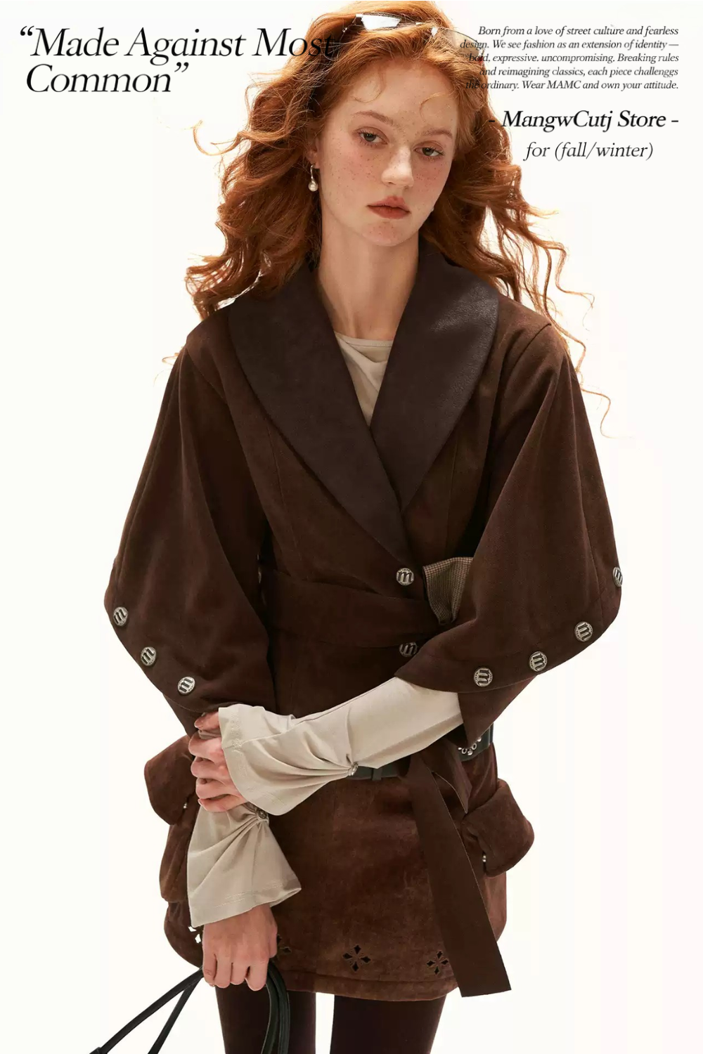 MAMC - Brown Faux Suede Cropped Jacket with Leather-Look Lapels and Belt