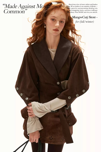 MAMC - Brown Faux Suede Cropped Jacket with Leather-Look Lapels and Belt