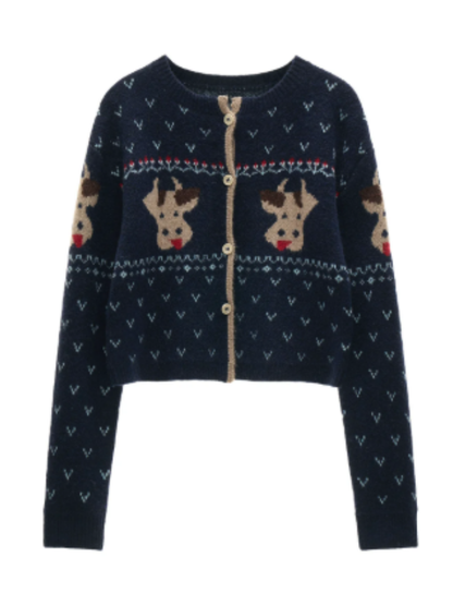MAMC - Blue Fair Isle Cow Jacquard Cropped Knit Cardigan